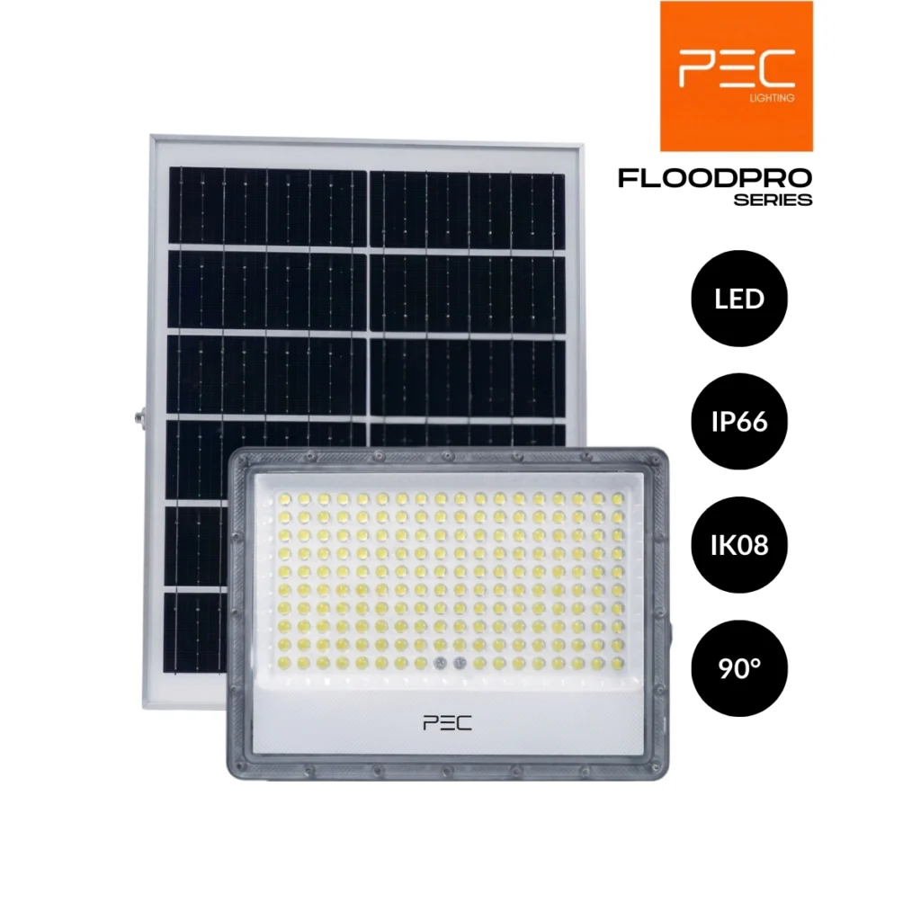 Projecteur solaire Floodpro LED haute puissance avec panneau photovoltaïque pour éclairage extérieur autonome.